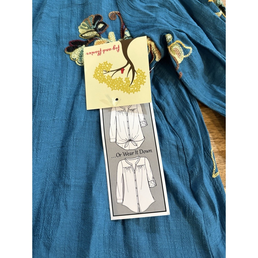Fig & Flower Embroidered Floral Paisley Roll-Tab Tunic Blouse Turquoise Teal S - Picture 6 of 9